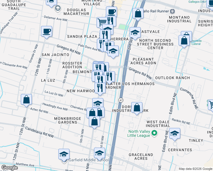 map of restaurants, bars, coffee shops, grocery stores, and more near 99999 Freeman Avenue Northwest in Albuquerque