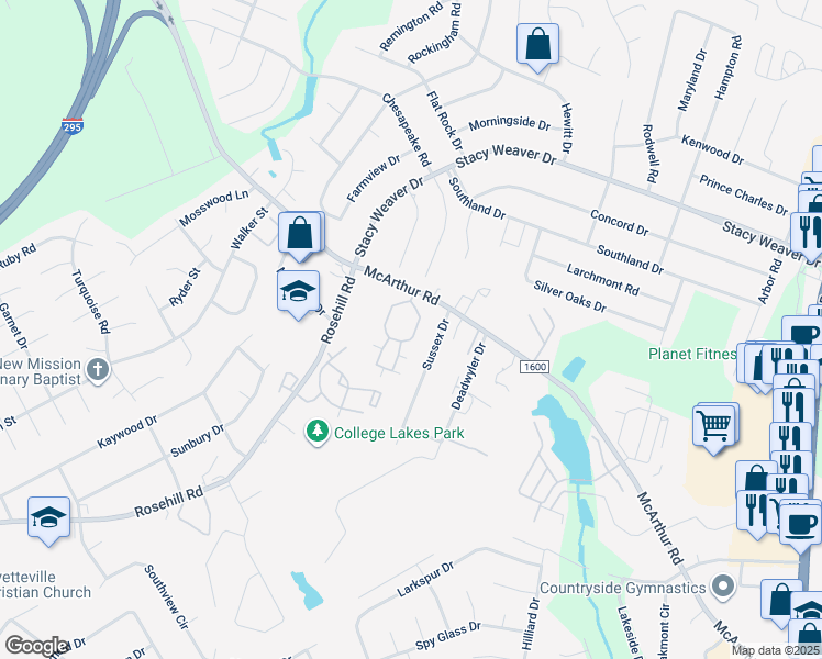 map of restaurants, bars, coffee shops, grocery stores, and more near 2641 McArthur Landing Circle in Fayetteville