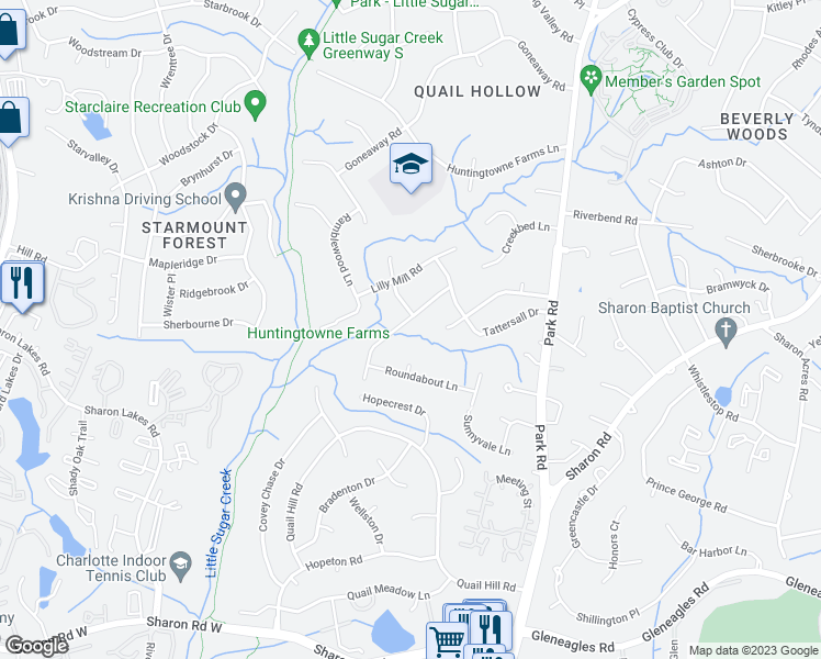 map of restaurants, bars, coffee shops, grocery stores, and more near 2522 Merrywood Road in Charlotte