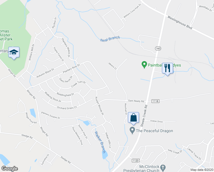 map of restaurants, bars, coffee shops, grocery stores, and more near Planters Row Dr & Creek Turn Dr in Charlotte