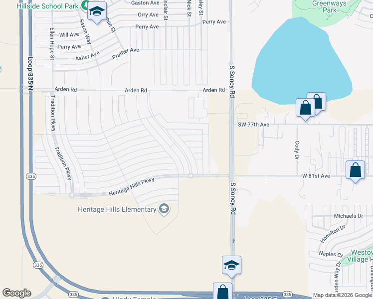 map of restaurants, bars, coffee shops, grocery stores, and more near 8908 Witmer Court in Amarillo