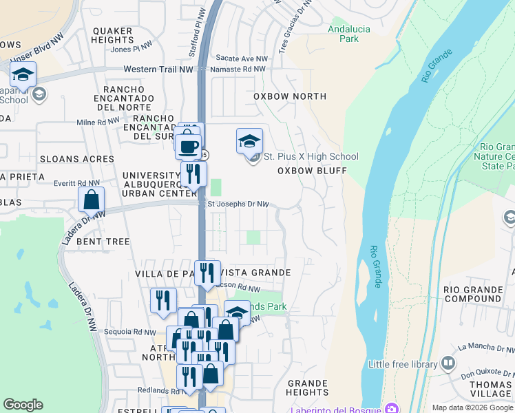 map of restaurants, bars, coffee shops, grocery stores, and more near in Albuquerque