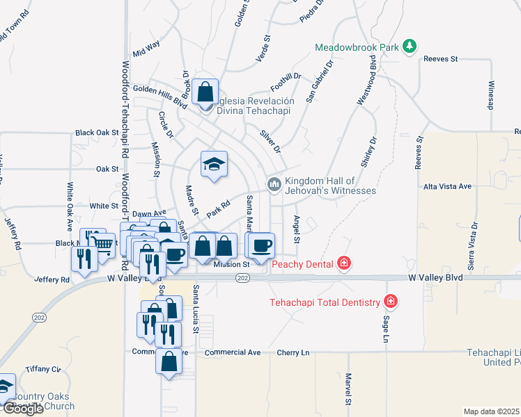 map of restaurants, bars, coffee shops, grocery stores, and more near 21271 Golden Hills Boulevard in Tehachapi