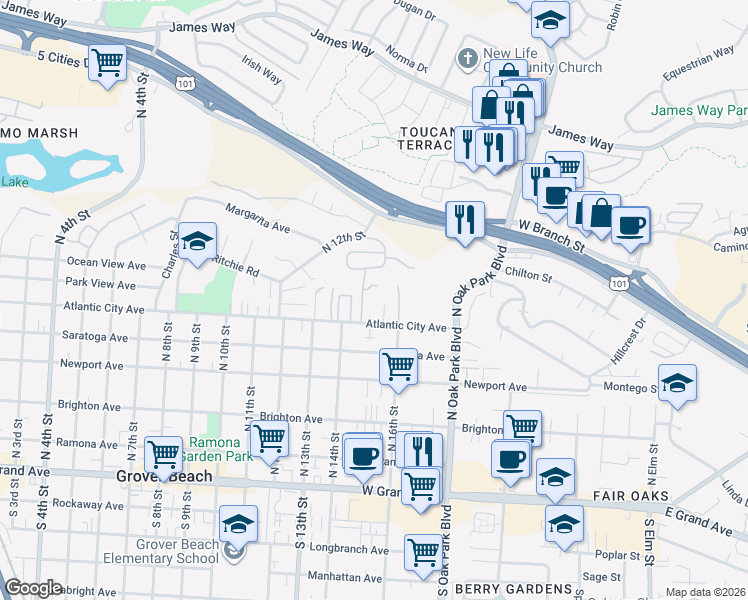 map of restaurants, bars, coffee shops, grocery stores, and more near 1535 Cabrillo Court in Grover Beach