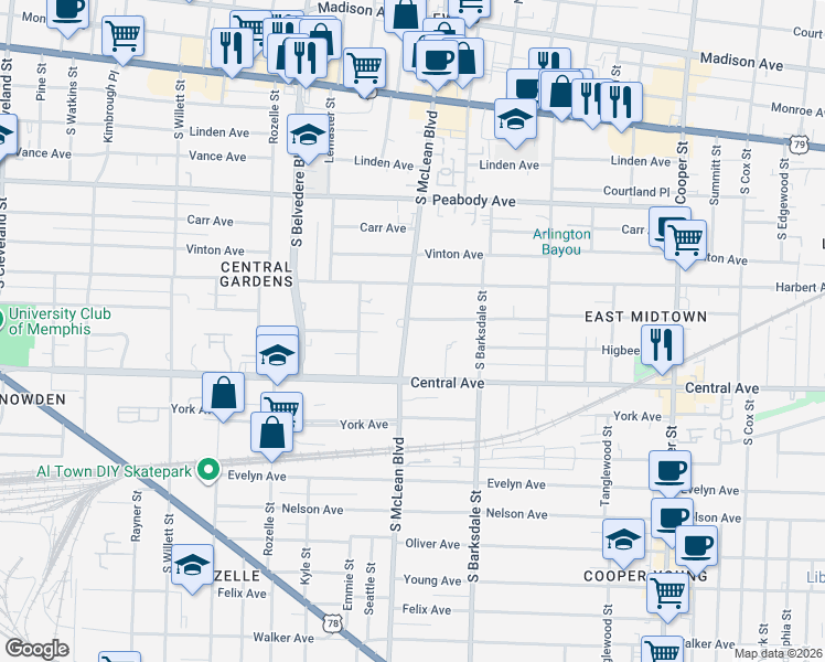 map of restaurants, bars, coffee shops, grocery stores, and more near 637 South McLean Boulevard in Memphis