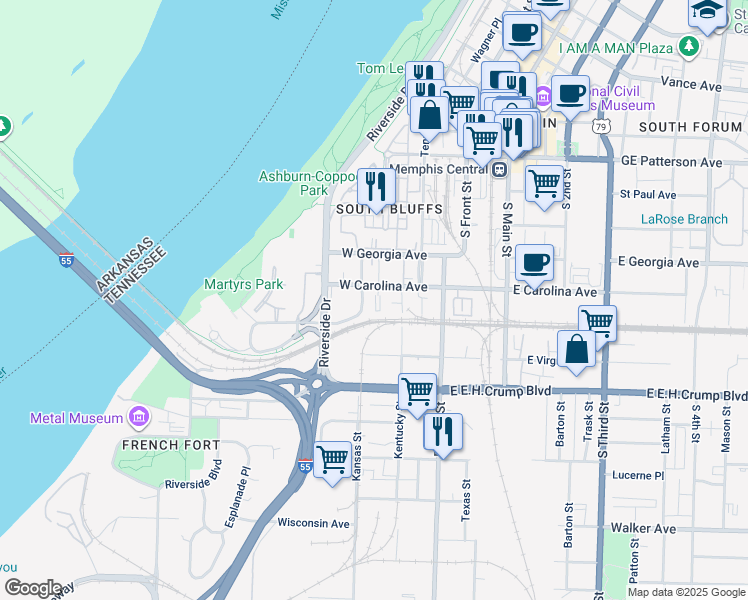 map of restaurants, bars, coffee shops, grocery stores, and more near 78 West Carolina Avenue in Memphis