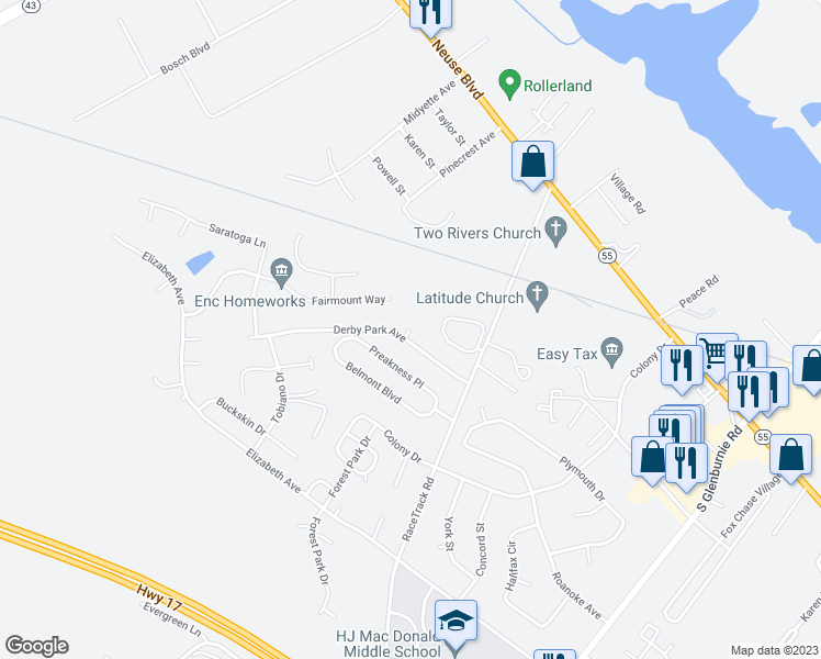 map of restaurants, bars, coffee shops, grocery stores, and more near 117 Derby Court in New Bern