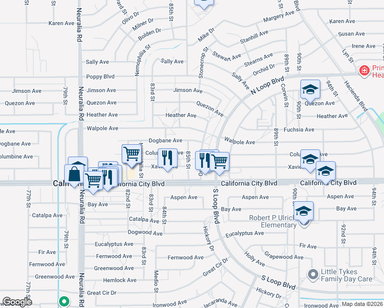 map of restaurants, bars, coffee shops, grocery stores, and more near 21126 85th Street in California City