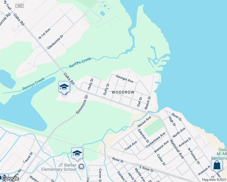 map of restaurants, bars, coffee shops, grocery stores, and more near 2400 Alabama Avenue in New Bern