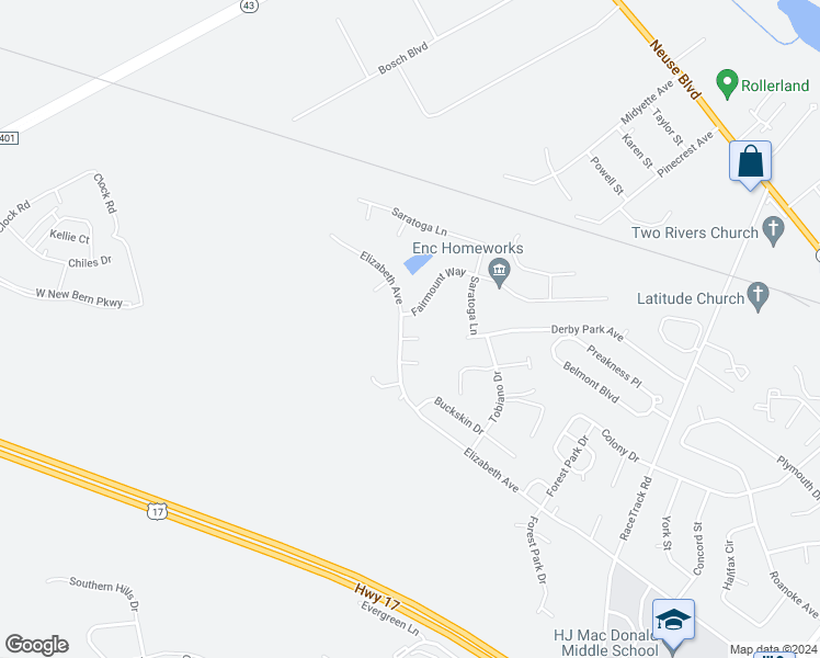 map of restaurants, bars, coffee shops, grocery stores, and more near 4014 Elizabeth Avenue in New Bern
