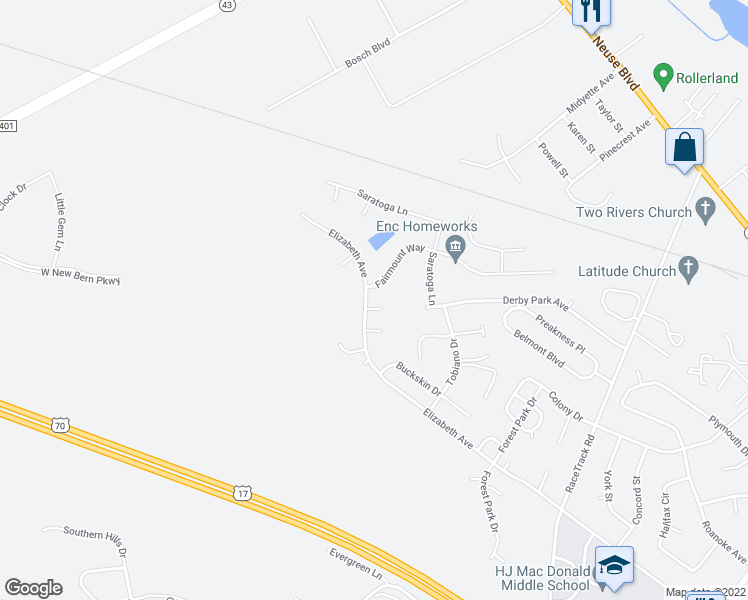 map of restaurants, bars, coffee shops, grocery stores, and more near 4020 Elizabeth Avenue in New Bern