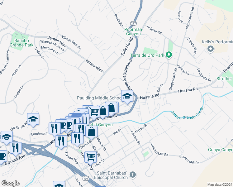 map of restaurants, bars, coffee shops, grocery stores, and more near 555 Le Point Street in Arroyo Grande