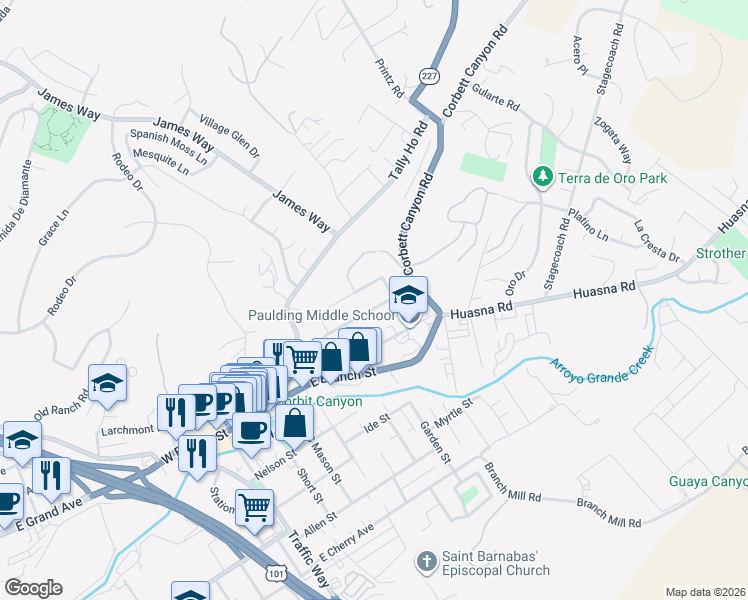 map of restaurants, bars, coffee shops, grocery stores, and more near 555 Le Point Street in Arroyo Grande