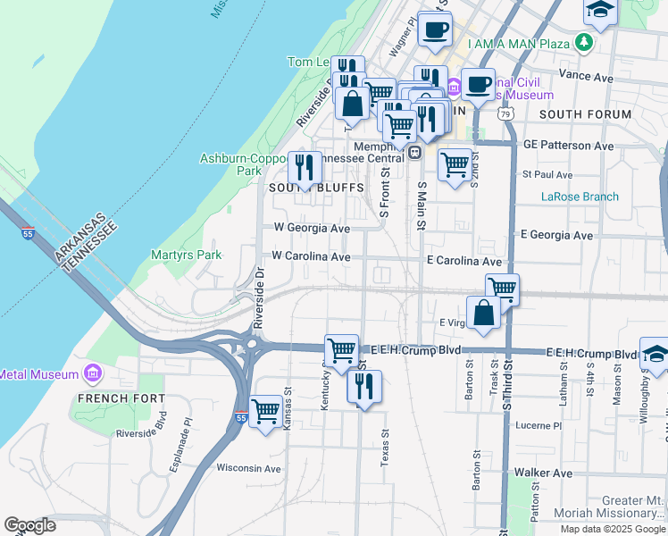 map of restaurants, bars, coffee shops, grocery stores, and more near 665 Tennessee Street in Memphis