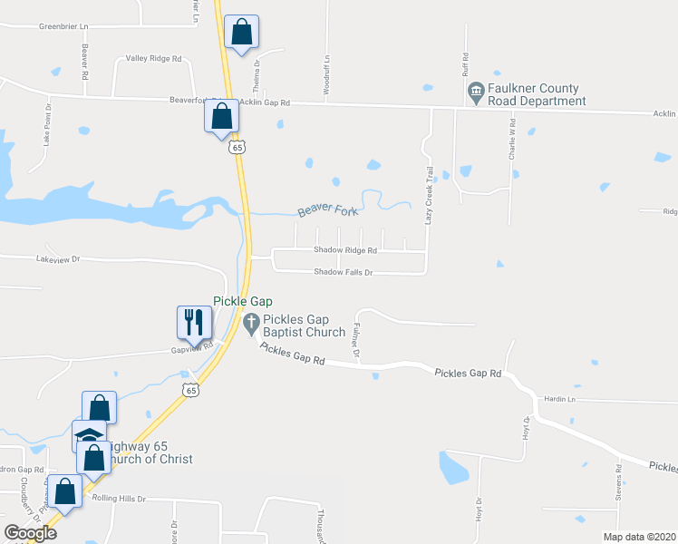 map of restaurants, bars, coffee shops, grocery stores, and more near Shadow Falls Drive in Conway