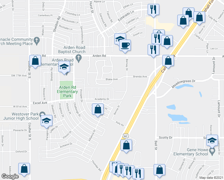 map of restaurants, bars, coffee shops, grocery stores, and more near 7903 Goal Place in Amarillo