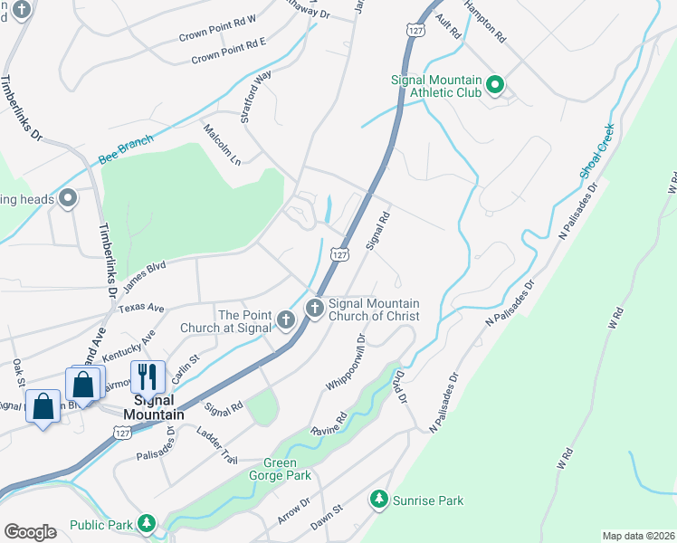 map of restaurants, bars, coffee shops, grocery stores, and more near 1018 Taft Highway in Signal Mountain
