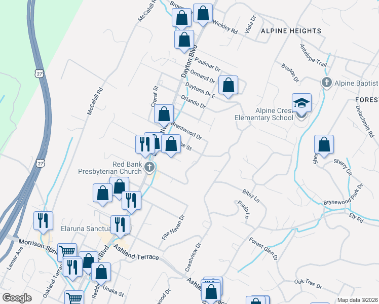 map of restaurants, bars, coffee shops, grocery stores, and more near 201 Forsythe Street in Chattanooga
