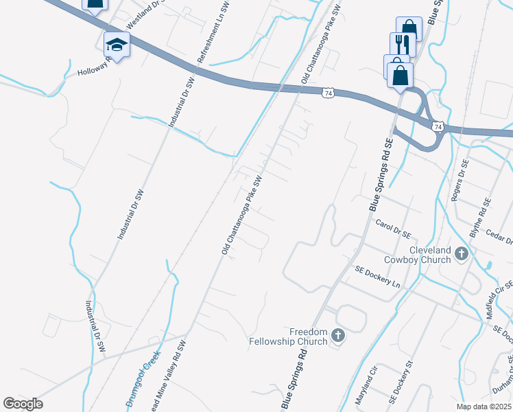 map of restaurants, bars, coffee shops, grocery stores, and more near 746 Old Chattanooga Pike Southwest in Cleveland