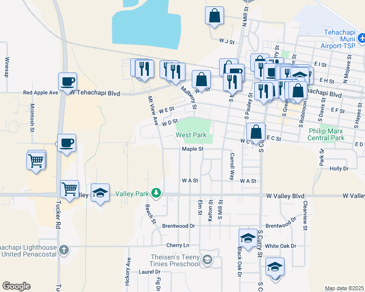 map of restaurants, bars, coffee shops, grocery stores, and more near in Tehachapi