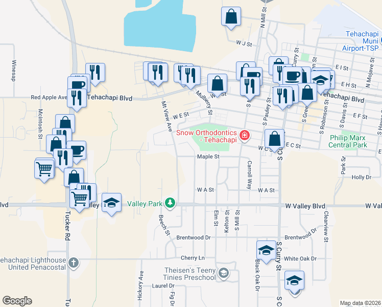 map of restaurants, bars, coffee shops, grocery stores, and more near 413 Oakwood Court in Tehachapi