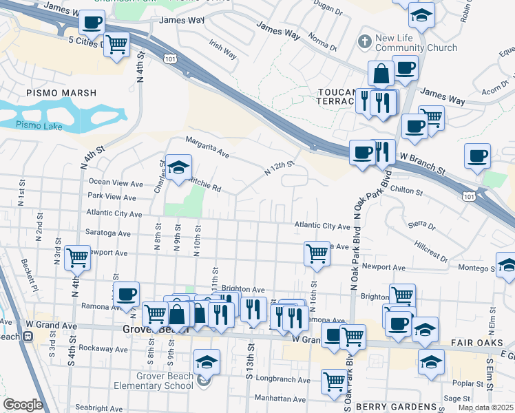 map of restaurants, bars, coffee shops, grocery stores, and more near 676 North 12th Street in Grover Beach