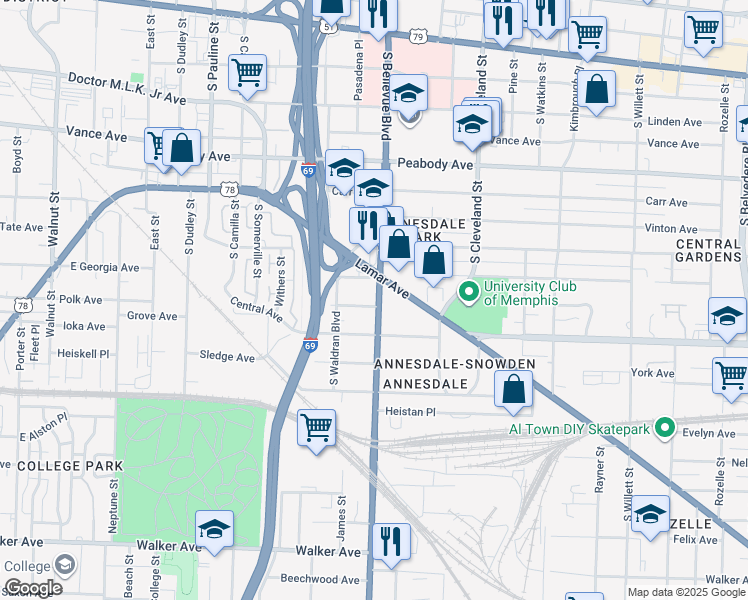 map of restaurants, bars, coffee shops, grocery stores, and more near 1212 Dorothy Place in Memphis