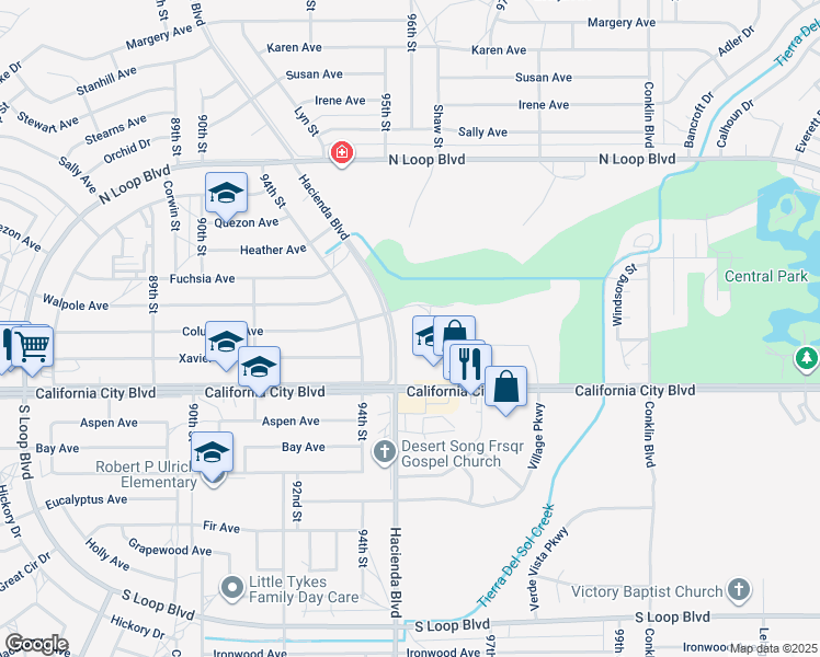 map of restaurants, bars, coffee shops, grocery stores, and more near 21130 Hacienda Boulevard in California City