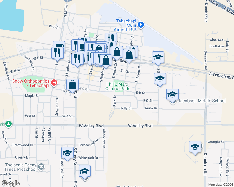 map of restaurants, bars, coffee shops, grocery stores, and more near 321 Pepper Drive in Tehachapi
