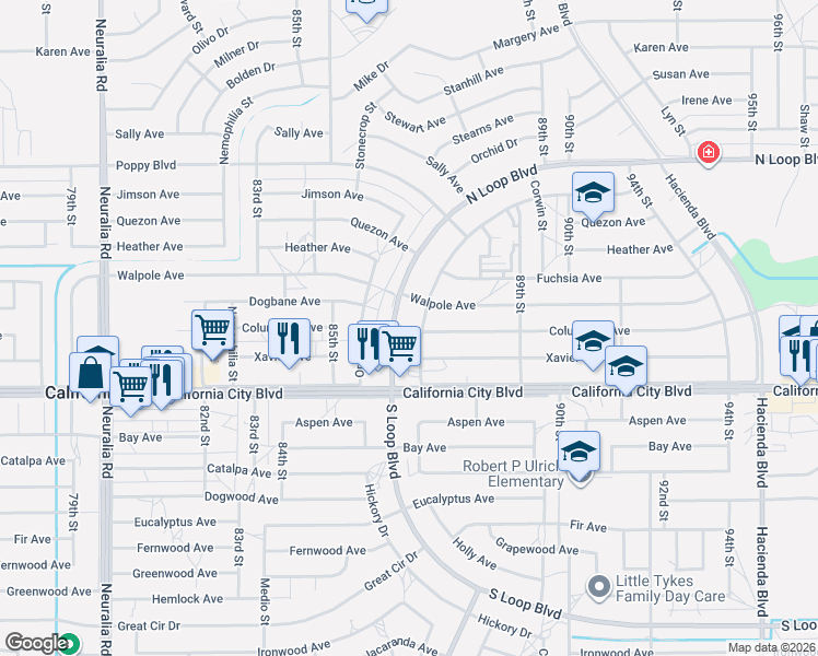 map of restaurants, bars, coffee shops, grocery stores, and more near Lupine Loop Drive in California City