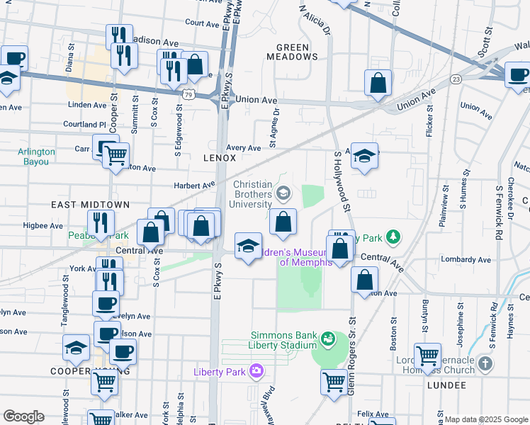 map of restaurants, bars, coffee shops, grocery stores, and more near 650 East Parkway South in Memphis