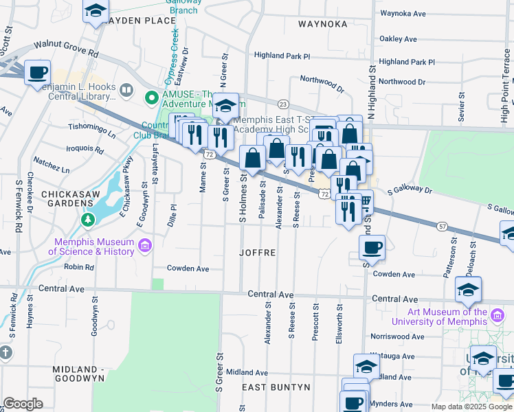 map of restaurants, bars, coffee shops, grocery stores, and more near 123 Palisade Street in Memphis