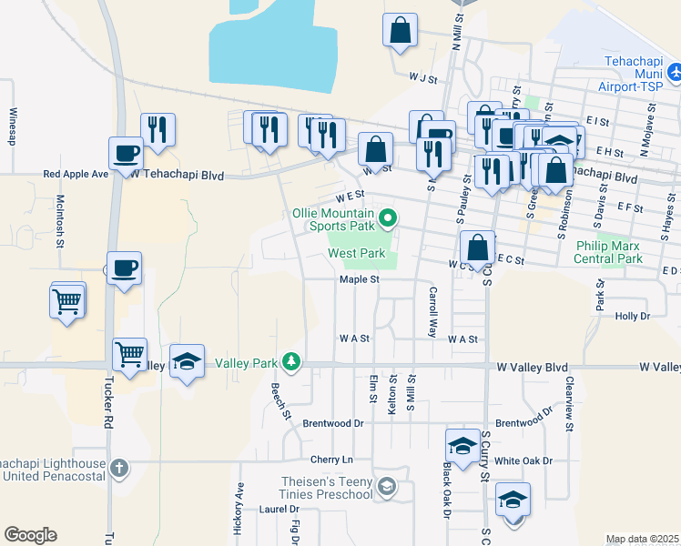 map of restaurants, bars, coffee shops, grocery stores, and more near 500 Oakwood Street in Tehachapi