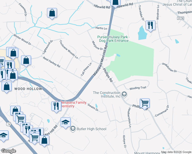 map of restaurants, bars, coffee shops, grocery stores, and more near 2707 Matthews-Mint Hill Road in Matthews