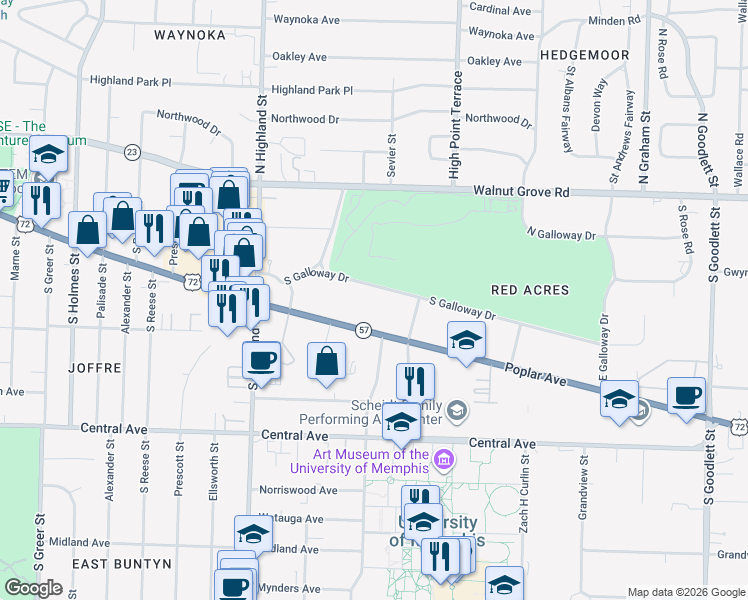 map of restaurants, bars, coffee shops, grocery stores, and more near 3655 South Galloway Drive in Memphis
