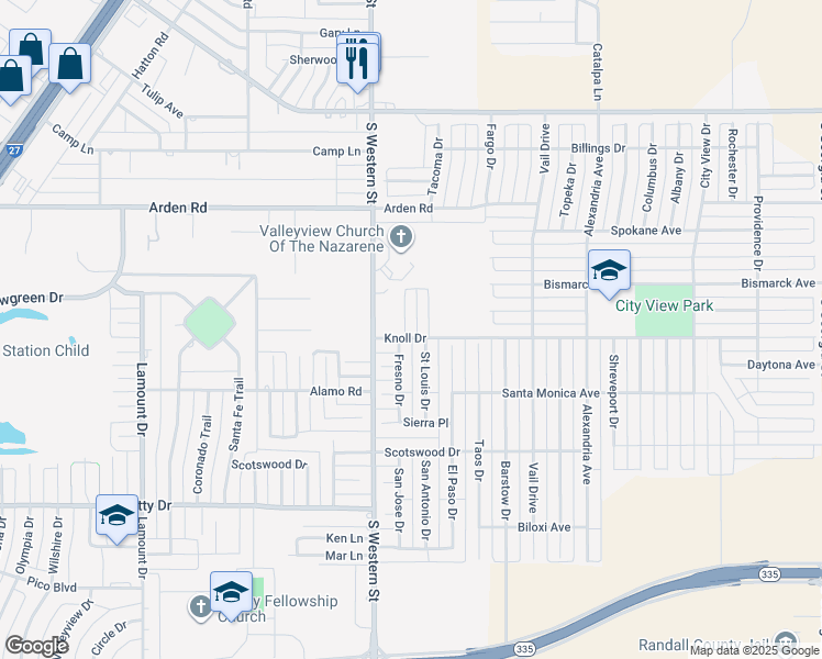 map of restaurants, bars, coffee shops, grocery stores, and more near 7633 South Western Street in Amarillo
