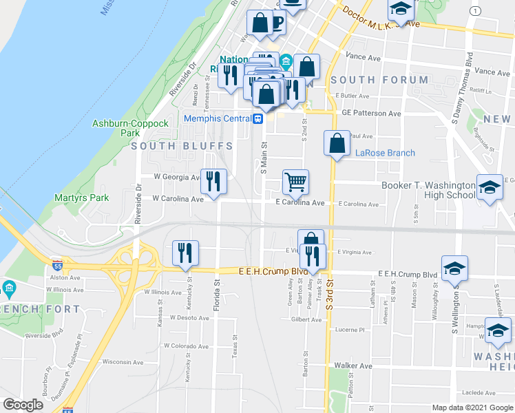 map of restaurants, bars, coffee shops, grocery stores, and more near 671 South Main Street in Memphis