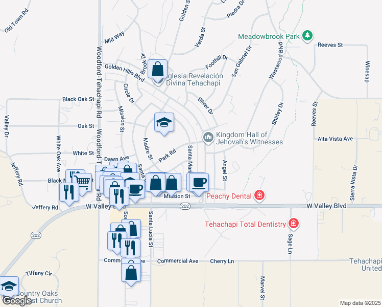 map of restaurants, bars, coffee shops, grocery stores, and more near 21271 Golden Hills Boulevard in Tehachapi