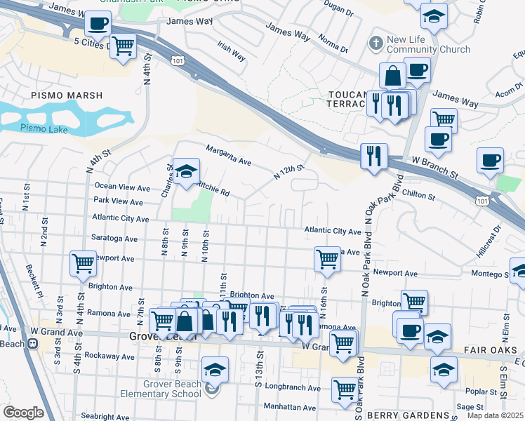 map of restaurants, bars, coffee shops, grocery stores, and more near 816 North 12th Street in Grover Beach