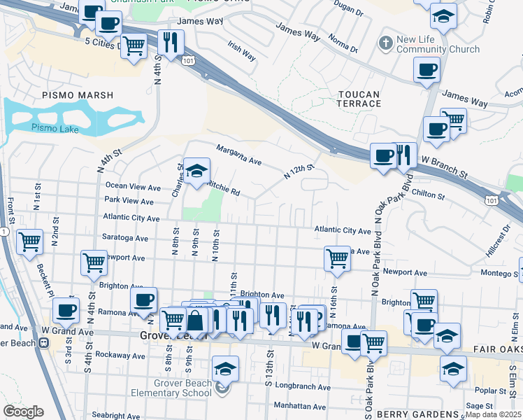 map of restaurants, bars, coffee shops, grocery stores, and more near 1153 Ritchie Road in Grover Beach