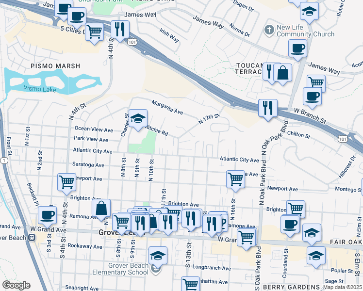 map of restaurants, bars, coffee shops, grocery stores, and more near 1153 Ritchie Road in Grover Beach