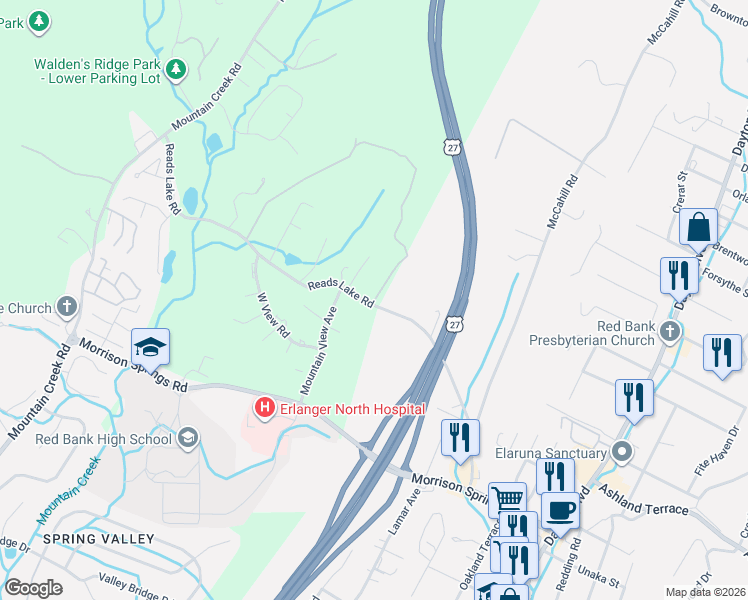 map of restaurants, bars, coffee shops, grocery stores, and more near 535 Reads Lake Road in Chattanooga