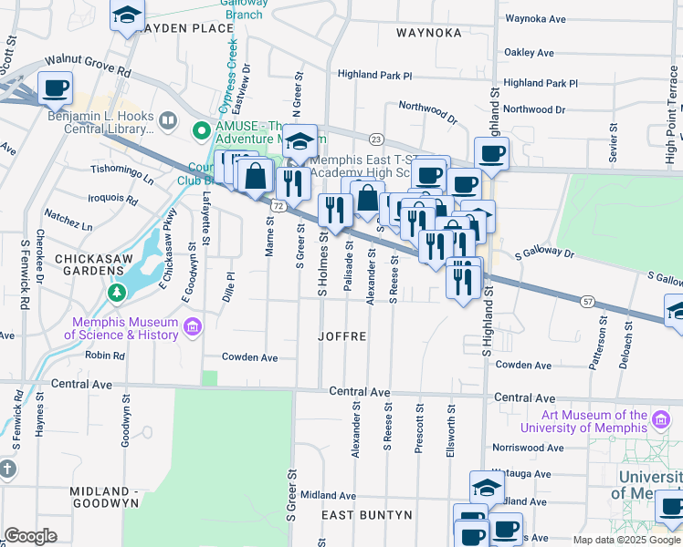 map of restaurants, bars, coffee shops, grocery stores, and more near 123 Palisade Street in Memphis