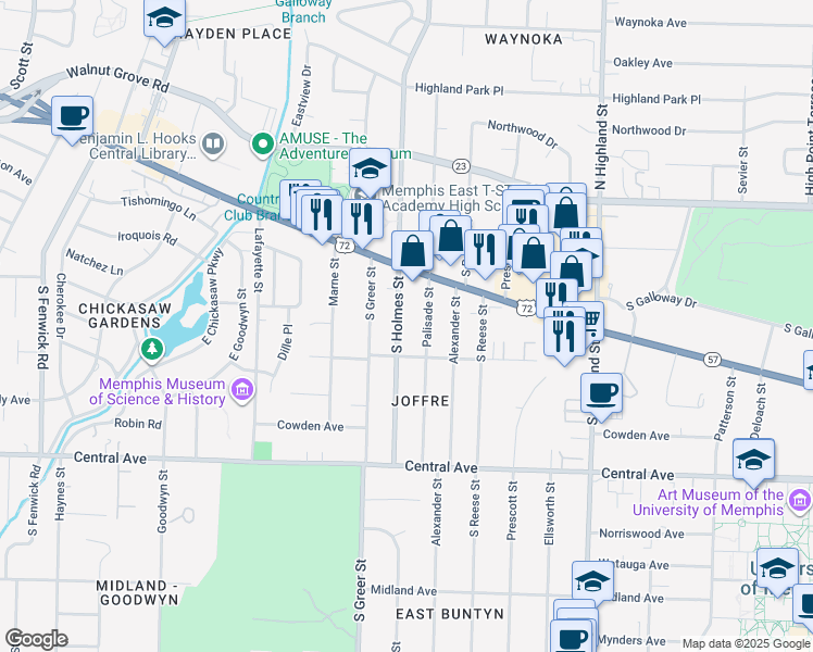 map of restaurants, bars, coffee shops, grocery stores, and more near 123 Palisade Street in Memphis