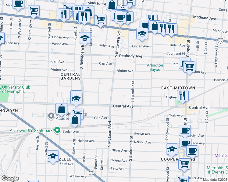 map of restaurants, bars, coffee shops, grocery stores, and more near 637 South McLean Boulevard in Memphis