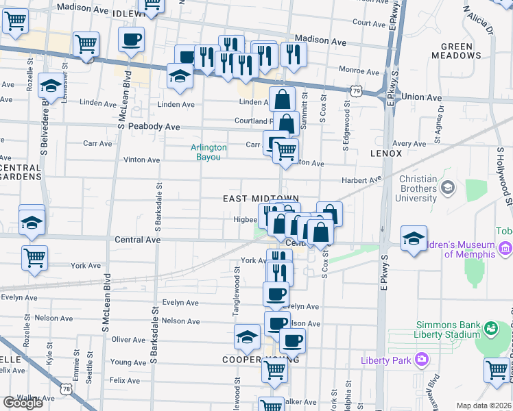 map of restaurants, bars, coffee shops, grocery stores, and more near 2076 Cowden Avenue in Memphis