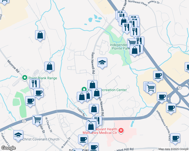 map of restaurants, bars, coffee shops, grocery stores, and more near 940 Sam Newell Road in Matthews