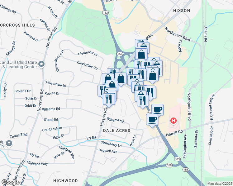 map of restaurants, bars, coffee shops, grocery stores, and more near Greendale Way in Chattanooga