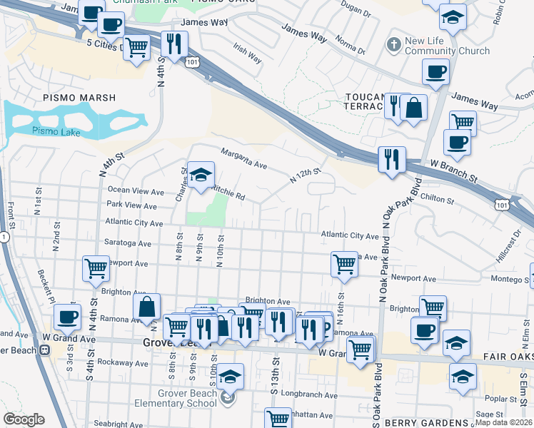 map of restaurants, bars, coffee shops, grocery stores, and more near 676 North 12th Street in Grover Beach