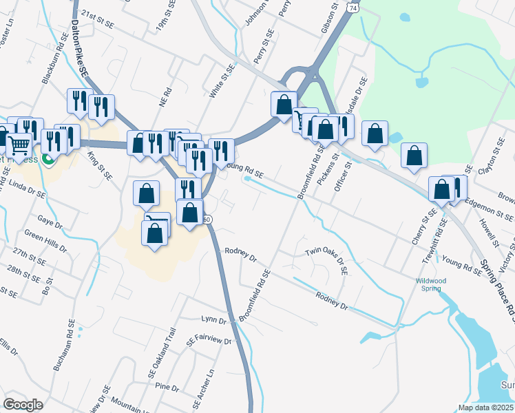 map of restaurants, bars, coffee shops, grocery stores, and more near 1808 Young Road Southeast in Cleveland